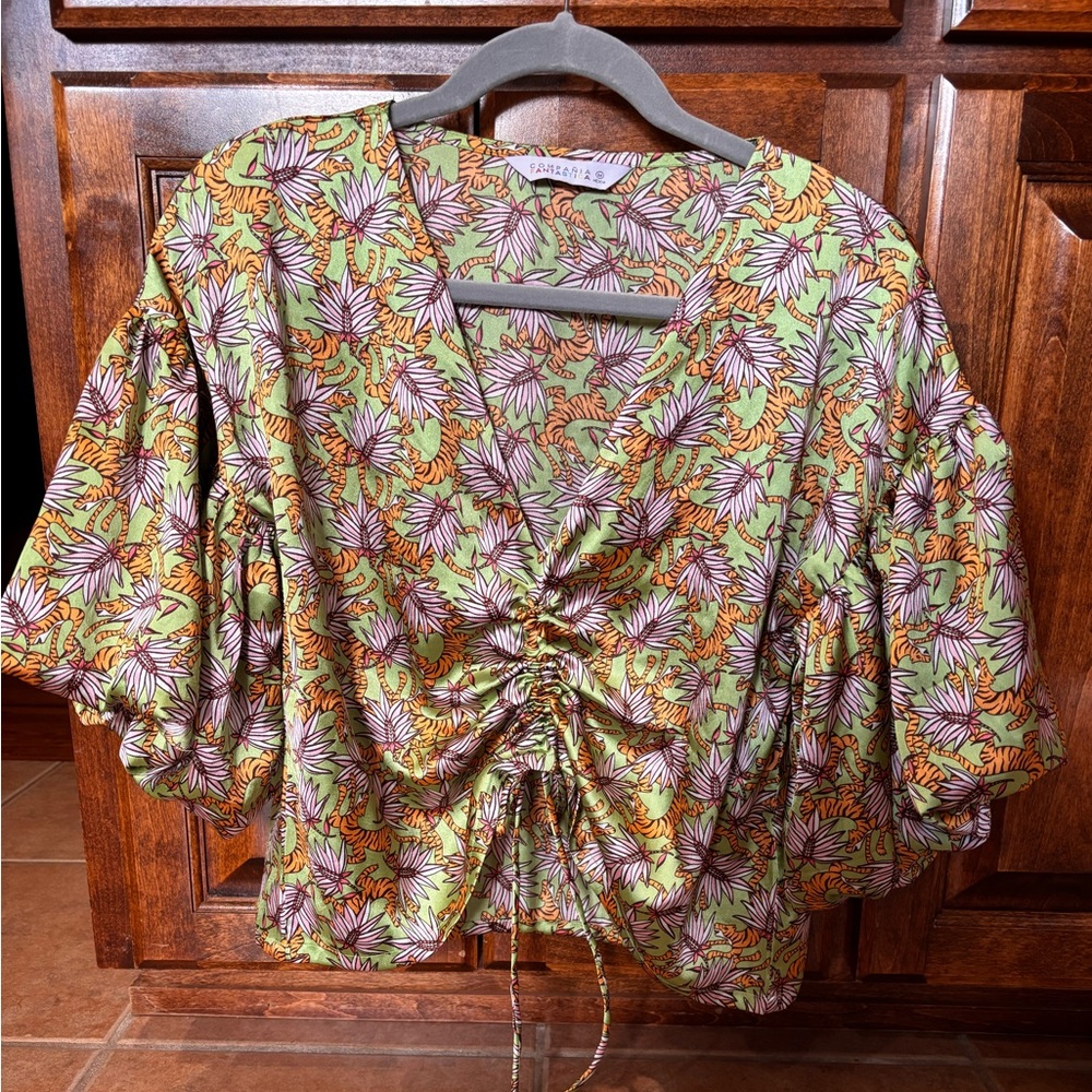 Satin-effect Tropical Tiger Adjustable Ruched Blouse Size Medium